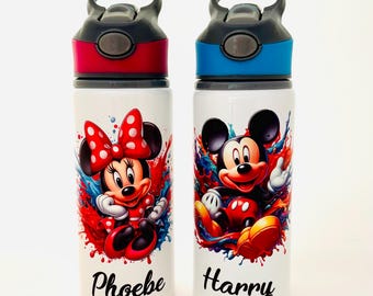Personalised Minnie Mickey Mouse Kids Sports School Water Bottle 650ml Pink Blue Purple Red Green Black Girls Boys 6 Colours 2 Designs