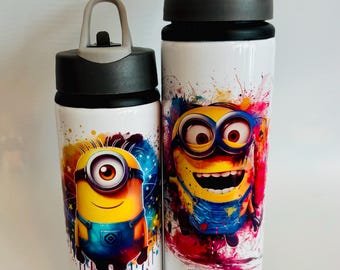 Personalised Minions Kids Sports School Water Bottle 600ml 750ml Girls Boys 2 Designs Kevin Stuart Bob