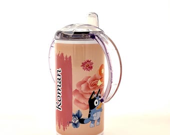 Personalised Bluey Bingo Full Wrap Kids Sippy Cup, 12oz Aluminium Bottle with 2 Lids Which Grows With Your Child.