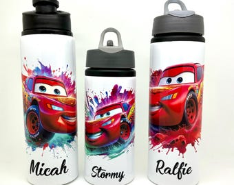 Personalised Cars Inspired Lightning McQueen Kids School Sports Water Bottle 600ml 750ml Flip Top Straw Push Top Permanent Design