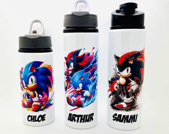 Personalised Sonic The Hedgehog Shadow Inspired Kids School Sports Water Bottle 600ml 750ml Flip Top Straw Push Up Top Permanent Design