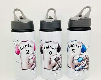 Personalised Aluminium Football Shirt and Boots Sports Water Bottle 600ml Kids School Permanent Design