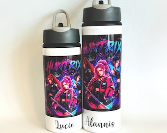 Personalised K Pop Huntrix Inspired Demon Hunters Kids Sports Water Bottle 600ml 750ml Flip Top Straw Permanent Design BPA Free Aluminium