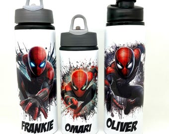 Personalised Spiderman Inspired Kids School Sports Water Bottle 600ml 750ml Flip Top Straw Push Top Permanent Design