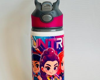 Personalised K Pop Demon Hunters Inspired Full Wrap Water Bottle, Kids School Sports Bottle (650ml) Huntrix 6 Colour Lids Available