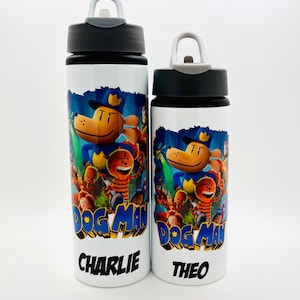Personalised Dog Man Inspired Kids Sports School Water Bottle 600ml 750ml Flip Top Straw Permanent Design