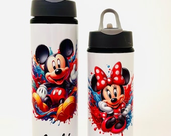 Personalised Cute Mickey and Minnie Mouse Kids Sports School Water Bottle 600ml 750ml Flip Top Straw Disney