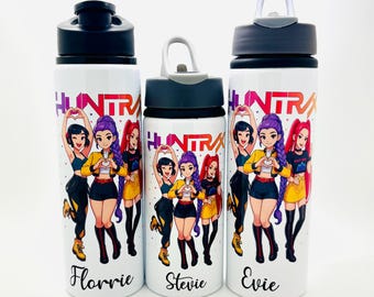 Personalised K Pop Huntrix Inspired Demon Hunters Kids Sports Water Bottle 600ml 750ml Flip Top Straw Push Up Top Permanent Design