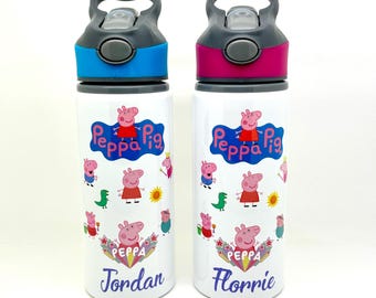 Personalised Cute Peppa Pig Inspired Kids Sports School Water Bottle 650ml Blue Pink Black Purple Green Red 6 Colours.