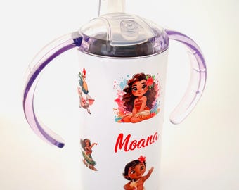 Personalised Disney Moana Inspired 12oz Sippy Cup With 2 Lids Permanent Full Wrap Design.