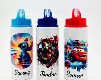 Personalised Cars Inspired Lightning McQueen, Spiderman/Ironman, Lilo Stitch Kids School Sports Water Bottle 600ml Permanent Design