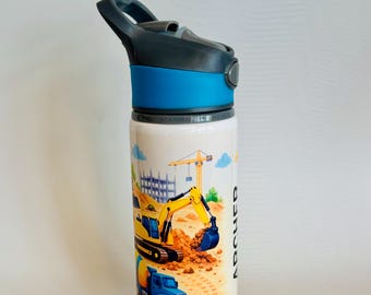 Personalised Construction Full Wrap Water Bottle Kids School Sports Bottle (650ml) 6 Colour Lids Available Tractor Lorry Digger Mixer Crane