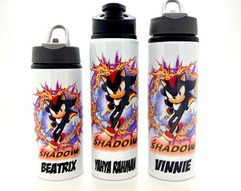 Personalised Shadow Sonic The Hedgehog Inspired Kids Sports Water Bottle 600ml 750ml Flip Top Straw Push Up Top Permanent Design