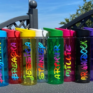 Flip Top Straw Personalised Name Water Drinks Bottle Kids Sports Disney Rainbow 8 Bottle Colours BPA Free