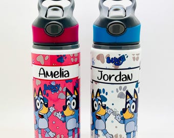 Personalised Cute Bluey Kids Sports School Water Bottle 650ml Pink Blue 2 Designs Girls Boys Full Wrap