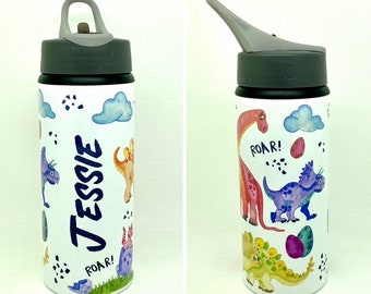 Personalised Aluminium Dinosaur Inspired Sports Water Bottle 600ml Kids Flip Top Straw Permanent Design.