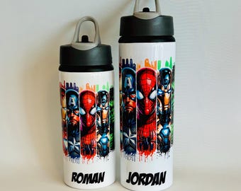 Personalised Superhero Inspired Kids School Sports Water Bottle 600ml 750ml Flip Top Straw Permanent Design Spiderman Hulk Ironman