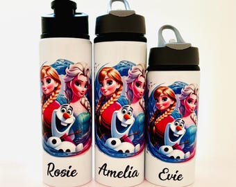 Personalised Disney Frozen Inspired  Kids Sports Water Bottle 600ml 750ml Flip Top Straw Push Up Top Permanent Design Olaf Elsa Anna