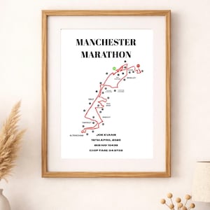Op de afbeelding: Ingelijste print van de routekaart van de Manchester Marathon in rood, met zwarte stippen die locaties markeren. De tekst "MANCHESTER MARATHON" staat bovenaan. Daaronder staat "JOE EVANS 19TH APRIL 2026 BIB NO 10438 CHIP TIME 04:37:58".
