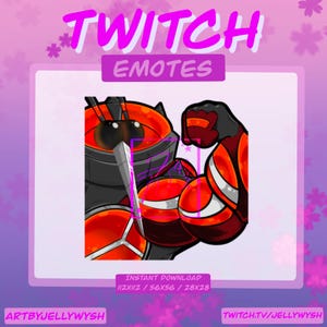Puede incluir: Ilustración digital de un personaje musculoso, naranja y negro, flexionando su brazo. La imagen está etiquetada como "Twitch Emotes" con el texto "Descarga instantánea" y el nombre del artista. El fondo es un degradado de morado y rosa.