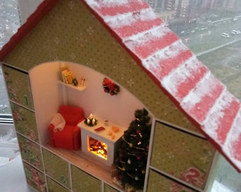 LED Advent Calendar House 1:24/ Hand made Miniature Roombox/ Christmas gift
