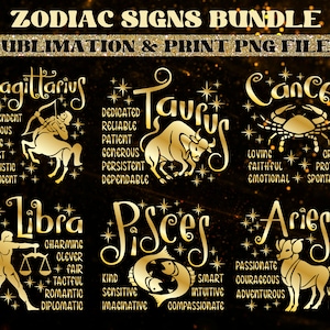Zodiac Signs PNG Sublimation Bundle, Horoscope PNG Files, Golden Zodiac Signs Clipart Png, Luxury Zodiac Print, Positive Zodiac Traits PNG