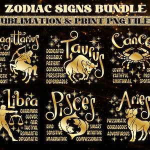 Sternzeichen PNG Sublimation Bundle, Horoskop PNG Dateien, Goldene Sternzeichen Clipart Png, Luxus Sternzeichen Druck, Positive Sternzeichen Traits PNG