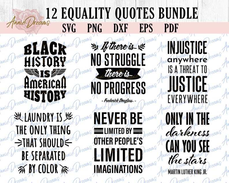 Puede incluir: Una descarga digital de 12 citas sobre la igualdad en texto negro sobre fondo blanco. Las citas incluyen: "Black History is American History", "If there is no struggle there is no progress", "Injustice anywhere is a threat to justice everywhere", "Laundry is the only thing that should be separated by color", "Never be limited by other people's limited imaginations", and "Only in the darkness can you see the stars".