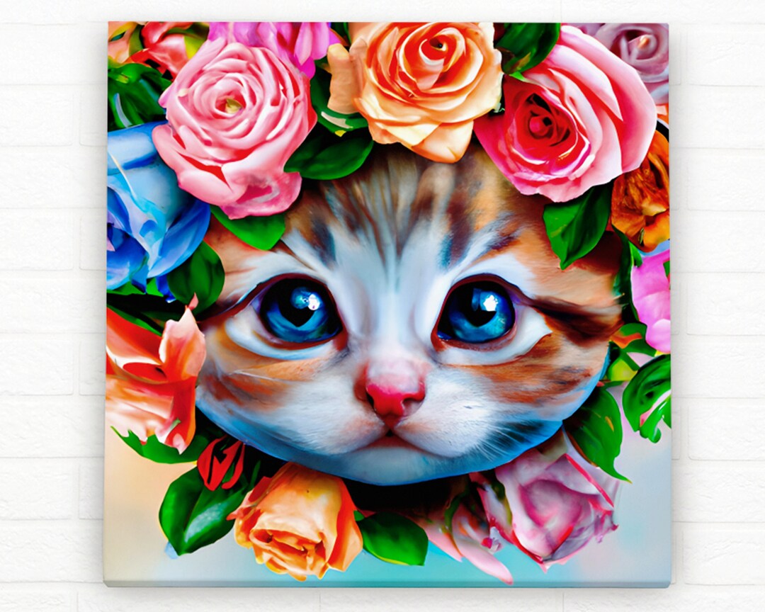 Cute Kitten in Roses Digital Art Print, Cat Printable Wall Art, AI ...