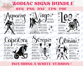 Zodiac Signs SVG Bundle, Horoscope SVG Bundle, Zodiac Signs Clipart Png, Horoscope Gift Svg, Cricut Cut Files, Positive Zodiac Traits Svg