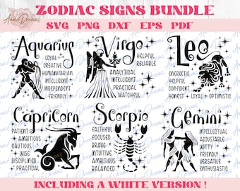 Paquete de imágenes SVG de signos del zodiaco, imágenes prediseñadas del horóscopo (descarga digital)