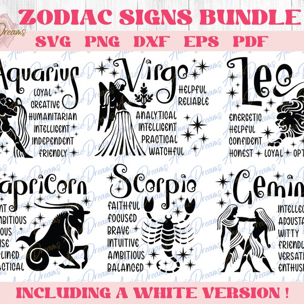 Zodiac Signs SVG Bundle, Horoscope SVG Bundle, Zodiac Signs Clipart Png, Horoscope Gift Svg, Cricut Cut Files, Positive Zodiac Traits Svg