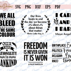 Puede incluir: Dise&ntilde;o gr&aacute;fico en blanco y negro con seis citas inspiradoras. Las citas son: "Todos sangramos del mismo color", "Nuestras vidas comienzan a terminar el d&iacute;a en que nos callamos sobre las cosas que importan. Martin Luther King Jr.", "Me importa y me atrevo. Maya Angelou", "Nuestra verdadera nacionalidad es la humanidad", "La libertad nunca se da, se gana. A. Philip Randolph", "Lugar de nacimiento: Tierra, Pol&iacute;tica: Libertad, Religi&oacute;n: Amor, Raza: Humano".
