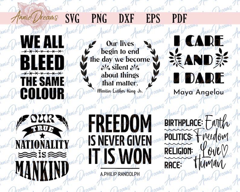 Puede incluir: Dise&ntilde;o gr&aacute;fico en blanco y negro con seis citas inspiradoras. Las citas son: "Todos sangramos del mismo color", "Nuestras vidas comienzan a terminar el d&iacute;a en que nos callamos sobre las cosas que importan. Martin Luther King Jr.", "Me importa y me atrevo. Maya Angelou", "Nuestra verdadera nacionalidad es la humanidad", "La libertad nunca se da, se gana. A. Philip Randolph", "Lugar de nacimiento: Tierra, Pol&iacute;tica: Libertad, Religi&oacute;n: Amor, Raza: Humano".