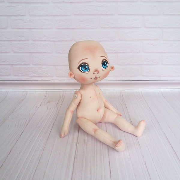 Blank doll body with painted face 13 inch Rag doll body for crafting Textile doll with blue eyes Blank Cotton doll body
