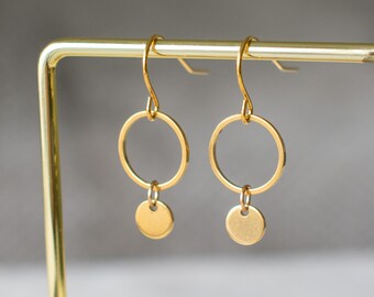 Gold Drop Earrings, Gold Circle and Disc Earrings, Dainty Gold Earrings, Gold Geometric Earrings, Minimalist Earrings, Simple Earrings, Gift