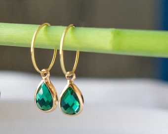Gold Emerald Green Hoops, Green Stone Hoops, Dainty Green Hoops, Gold Green Hoop Earrings, Bridesmaid Earrings, Minimalist, Gift for Her