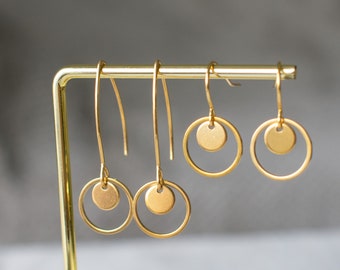 Disc and Circle Earrings, Gold Circle Disc Drop Earrings, Dainty Gold Drop Earrings, Geometric Earrings, Minimal Modern Earrings, Gift