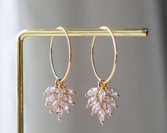 CZ Crystal Hoop Earrings, Crystal Leaf Hoops, Dainty CZ Hoops, Gold Bridal Hoop Earrings, Bridesmaid Earrings, Wedding Hoops, Gift, Minimal