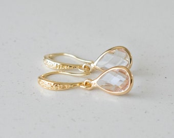 Clear Crystal Earrings, Crystal Drop Earrings, Dainty Clear Stone Earrings, CZ Drop Earrings, Gold Bridal Earrings, Bridesmaid Earrings Gift