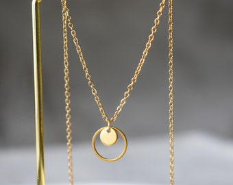 Disc and Circle Necklace, Gold Circle Disc Drop Necklace, Dainty Layering Necklace, Gold Geometric Necklace, Minimal Modern Necklace, Gift