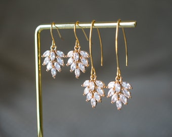 Crystal Drop Earrings, Dainty Drop Earrings, CZ Crystal Leaf Earrings, Gold CZ Bridal Earrings, Bridesmaid Earrings, Wedding Earrings, Gift