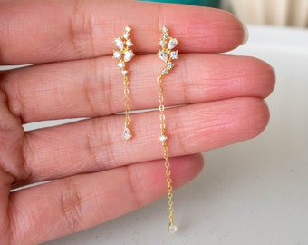 Dainty Drop Earrings, Asymmetric Earrings, Long CZ Drop Earrings, Gold Bridal Earrings, Bridesmaid Earrings, Dainty Earrings, Christmas Gift