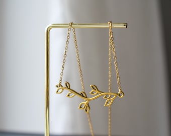 Gold Branch Necklace, Gold Leaf Necklace, Willow Necklace, Gold Bar Necklace, Olive Leaf Necklace, Vine Necklace, Gift For Her, Minimalist