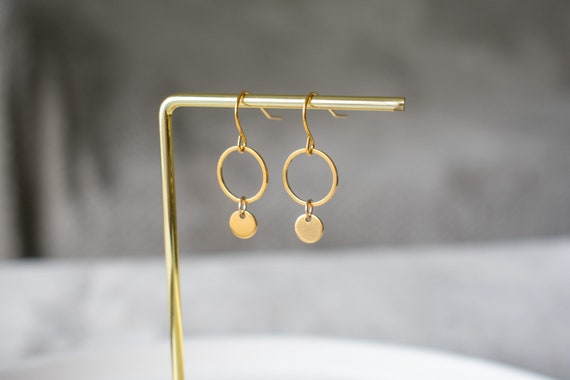 Gold Drop Earrings, Gold Circle and Disc Earrings, Dainty Gold Earrings, Gold Geometric Earrings, Minimalist Earrings, Simple Earrings, Gift