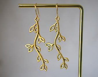 Gold Leaf Drop Earrings, Willow Earrings, Wedding Earrings, Branch Earrings, Dangle Earrings, Vine Earrings, Gift For Her, Gold Earrings