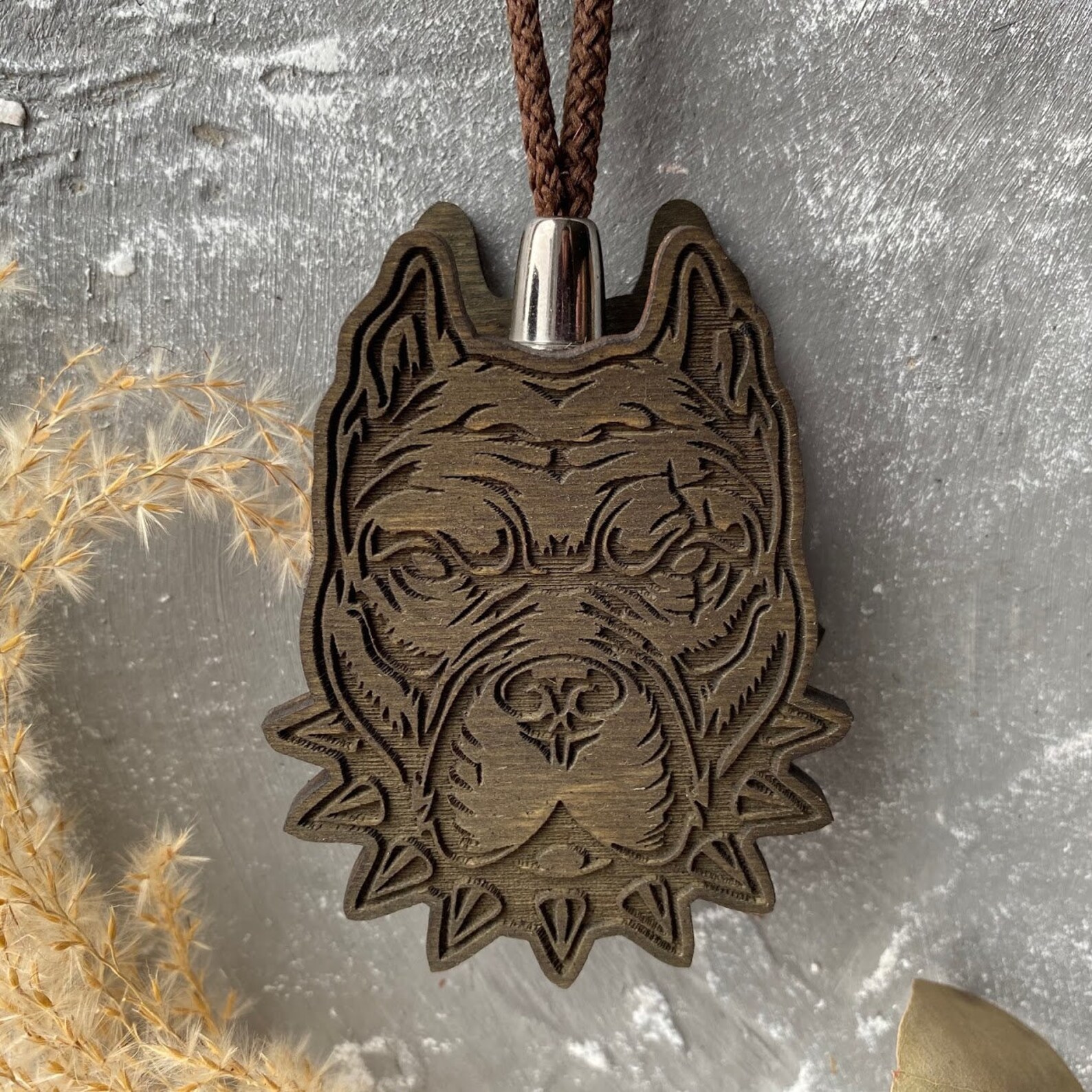 Air Freshener Dog Face for Car in Gift Box, Pit Bull Terrier Wooden Pendant, Rear View Mirror