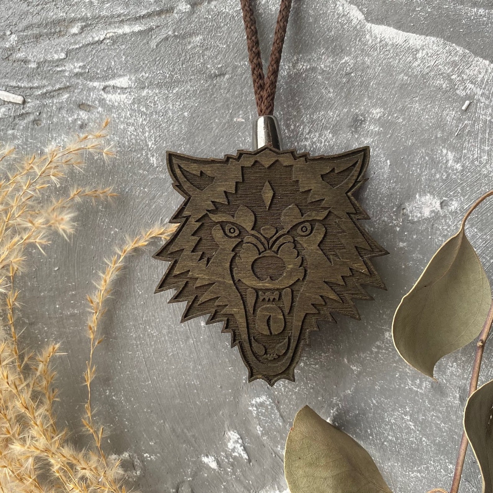 Wolf Face Car Air Freshener, Laser Engraved Wood, Pendant Wolf Face