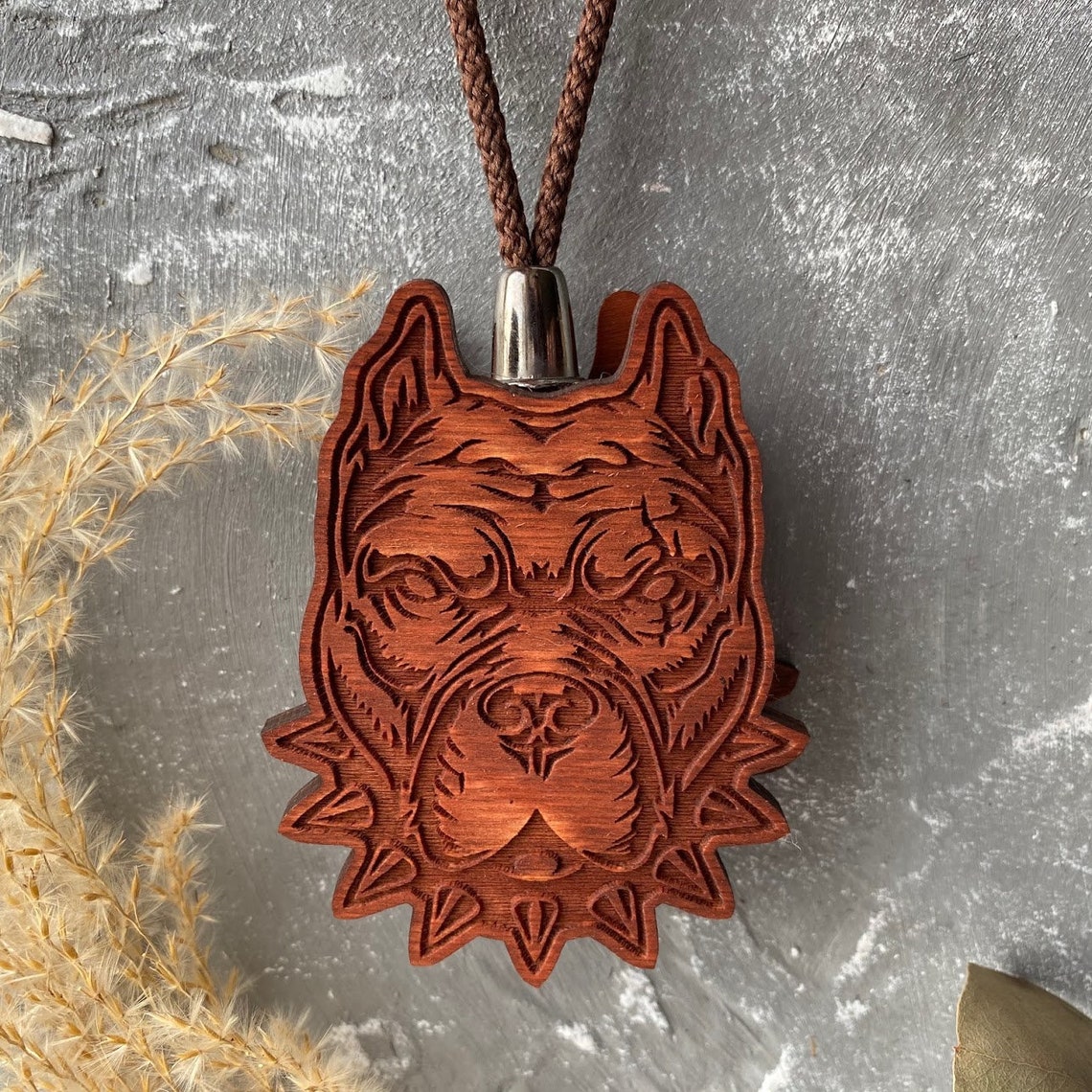 Air Freshener Dog Face for Car in Gift Box, Pit Bull Terrier Wooden Pendant, Rear View Mirror