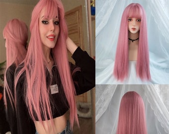 Pink Cosplay Wig With Bangs Long Ombre Synthetic Straight Hair Wigs For Women